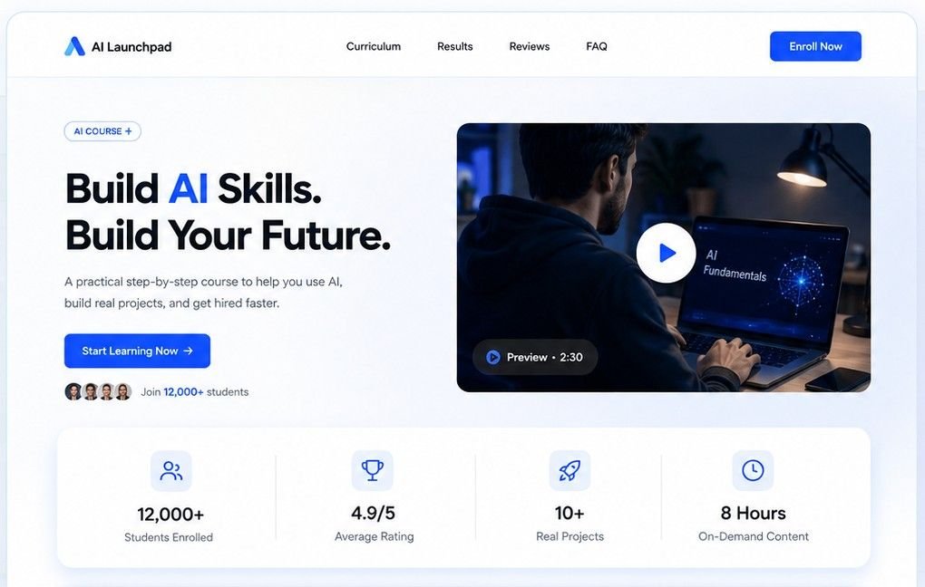 A sales page built by Skilla for an online AI course