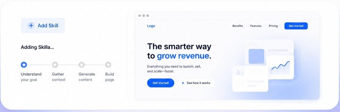 Skilla being added to an AI workspace, building a sales page step by step