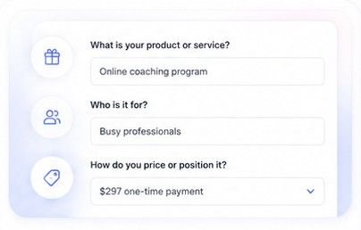 Form defining product, audience and pricing